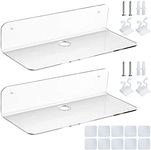 WeeGoo 2 Pcs Acrylic Floating Wall Shelf Self Adhesive 9 Inch No Drill Shelves Small, Stick on Shelves Damage Free Expand Wall Space, Clear Small Wall Shelf with Cable Clips and Stick on