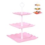 3 Tiers Cake Display Stand, Pink Afternoon Tea Stands, Plastic Square Cup Cake Fruit Dessert Party Server Plates Stands, Reusable Food Serving Platter Stand for Birthday, Wedding, Party