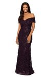 Xscape Women's Off The Shoulder Sweetheart Neckline Long Lace Dress (Standard & Petite), Mulberry Purple, 8 Petite