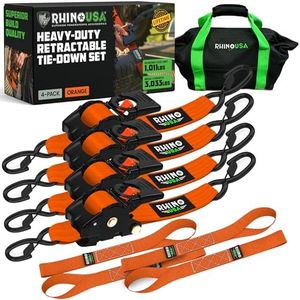Rhino USA Retractable Ratchet Tie Down Straps (4PK) - 3,033lb Max Break Strength, Includes (4) Ultimate 2" x 10' Autoretract Tie Downs with Padded Handles