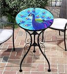 Iron/Glass Round Mosaic Design Side Table Garden Outdoor Patio Flower Plant Stand (Blue Peacock)