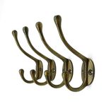 Vintage Cast Iron Wall Hooks (Antique Brass Finish, Set of 4) - Rustic, Farmhouse Coat Hooks | Great for Coats, Bags, Towels, Hats | Classic Slender