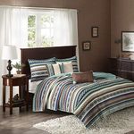 Madison Park Malone Full/Queen Size Quilt Bedding Set - Blue, Brown, Southwestern Pattern, Fair Isle â€“ 6 Piece Bedding Quilt Coverlets â€“ Micro Herringbone Fabric Bed Quilts Quilted Coverlet