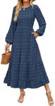 ZESICA Womens Long Sleeve Dresses Fall Casual Crew Neck High Waist Flowy Homecoming Maxi Long Dress,Navy,Large