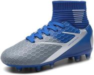 DREAM PAIRS Boys Girls Soccer Cleats Youth Firm Groud Outdoor Sport Athletic High Top Football Shoes for Little/Big Kid,Size 1 Little Kid,Blue/White/Grey,HZ19002K