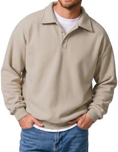 JMIERR Mens Casual Cotton Polo Sweatshirts Oversized Long Sleeve Button Collared Pullover Shirts Fall Sweater Old Money Clothes, 5XL, Beige