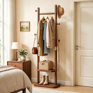 Taitiy Solid Wood Coat Rack, Coat Rack Freestanding with 2 Shelves and 5 Hooks, Heavy Duty Coat Tree for Entryway,Living Room,Coat Hanger Stand for Hats, Bags (Walnut Brown)