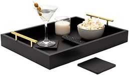 Black Serving Tray for Coffee Table, 16x12 with Coasters, Decorative Interchangeable Gold andSilver Handles