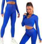 K-MART Gym sets for women 2 piece zip up jacket Workout outfits, Cropped Top, Long Sleeve, Leggings Set for Running, Yoga, Gym, Sports Activity (Blue, S)