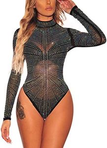 SEBOWEL Women Rhinestone Studded Bodysuit Mesh See Through Jumpsuits Rompers Top, Black, M