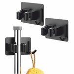 JIALTO 2 Pieces Stainless Steel Broom Holder with Hook - Wall-Mounted Adhesive Waterproof Rustproof Heavy Duty Broom and Mop Stick Holder for Home, Kitchen, Black