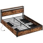 LIKIMIO Full Size Bed Frame with Storage, 2-Tier Storage Headboard with Charging Station and Four Drawers, No Box Spring Needed, Easy Assembly, Vintage Brown