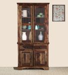 GR FURNITURE Kitchen Cabinet Wooden | Glass Door Crockery Cabinet | Glass Door Display Unit Book Case with Drawer & Door Cabinet Storage for Home & Office | Provincial Teak