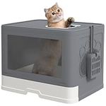 PawHut Cat Litter Tray with Hood Cat Litter Box with Brush, Front Entry, Top Exit, Removable Tray, Scoop, 48.5 x 38 x 36.5cm - Grey