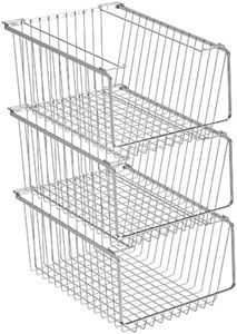 blitzlabs Wire Storage Baskets Stackable Refrigerator Organizer Bins Sturdy Metal Wire Bin Baskets Organization Baskets for Storage with Handles for Kitchen, Closets, Bathroom, Cabinets -Set of 3