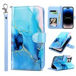 ULAK Compatible with iPhone 14 Pro Case, Blue Marble iPhone 14 Pro Wallet Cover with Card Holders RFID Blocking PU Leather with Kickstand Wrist Strap Shockproof Wallet Phone Case for Women Girls