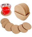 Valdivia Boho Drink Coasters with Storage Basket, Handmade Woven Cotton Absorbent Coaster Set of 6, Minimalist Home Decor for Coffee Table, Kitchen, Housewarming Gifts New Home Gifts for Men Women