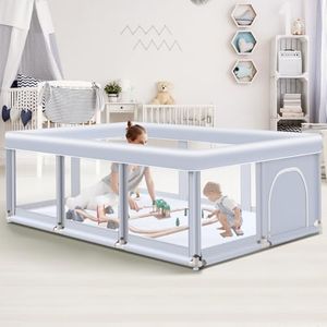 Baby Playpen 51"x51" Play Pens for Babies and Toddlers, Play Yards for Indoor & Outdoor with Zipper Gates, Breathable Mesh with Anti-Slip Base(Grey）