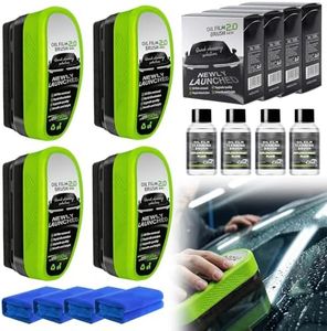 Upgrade 2.0 Clear Glass Cleaner, Automotive Oil Film Cleaning Brush for Car Windows, Windshield Oil Film Remover with Cloth, Glass Oil Film Board Improving Clarity Visibility (4 Pack)