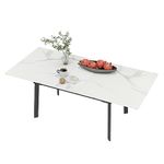 FATIVO Extendable Dining Table Sintered Stone: Rectangular Kitchen Room Table Stretchable 130cm - 160cm Snow Mountain White Marble Texture Leaves Tables 4-6 Seater with Flat-sided Oval Steel Legs