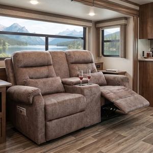 MANBUR Loveseat Recliner Sofa for Camper & RV Seating – Wall Hugger Reclining 2 Seat Sofa with Console, Cup Holders & Side Pocket, Velvet RV Couch (Brown, 65.7 in)