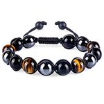 Natural Stone Bead Bracelet Men - Triple Authentic Crystal Beads Tiger Eye Black Obsidian and Hematite Stone Bracelets for Protection 10mm