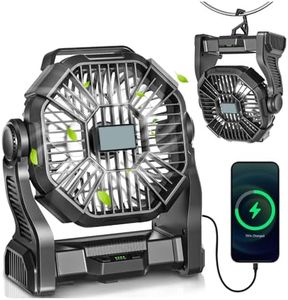 AEscod Portable Camping Fan, Rechargeable Battery Operated with LED Lights, Hanging Hook, 270°Rotation, 20000mAh Battery Powered Fan for Beach, Office, Picnic, Fishing, Travel, Tent