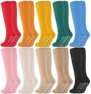 IDALOP 10 Pairs Non Slip Fuzzy Long Socks for Women With Grips Winter Warm Cozy Fluffy Hospital Slipper Socks