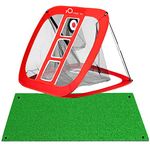 Golf Chipping Net and Mat Foldable for Men Women Swing Trainer Backyard Home Garden Outdoor Indoor (Red)