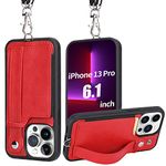 iPhone 13 Pro Lanyard Case, TOOVREN iPhone 13 Pro Wallet Case with Leather Card Holder Kickstand Adjustable Detachable Neck Strap Protective Back Cover for Apple iPhone 13 Pro 6.1" 5G Women (Red)