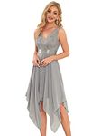 Ever-Pretty Women's Sleeveless V Neck Empire Waist A Line Lace Chiffon Midi Cocktail Evening Dresses with Asymmetry Hem Grey 18UK