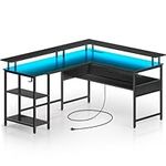 Rolanstar Computer Desk L Shaped 59.4" with LED Lights & Power Outlets, Reversible L Shaped Gaming Desk with Monitor Stand, Office Desk with Storage, Writing Desk with USB Port & Hook, Black