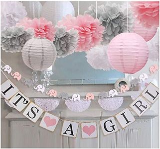 baby girl baby shower decorations, It is a Girl Banners and Paper Lantern Paper Flower Pom Poms (Pink White Grey)