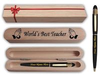 KlowAge Saint Matte Black Gold Trim Ball Pen with Engraved Your Name on Pen and Wooden World's Best Teacher Gift Box and Bag | Best gift for Teacher'S day from student| customised,Personalized Pen