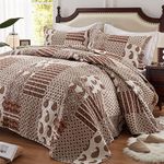 LEAONME Quilt Set - Full/Queen Size Brown Paisley Patchwork 3 Piece Bedding Set with 2 Pillow Shams