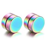 JewelryWe Pair of Stainless Steel Magnetic Clip On 8mm Stud Earrings Unisex, Non Piercing (Rainbow)