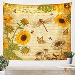 Dragonfly Tapestry Botanical Floral Tapestries Sunflower Wall Tapestry Vintage Style Tapestry Wild Animals Dragonfly Funny Tapestry Field Floral Fresh Natural Pastoral Spring Decor Tapestry,59”x82”