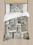 Ambesonne Antique Duvet Cover Set, Vintage Style Sepia Toned Newspaper Print with Old Fashioned Illustrations, Decorative 2 Piece Bedding Set with 1 Pillow Sham, Twin Size, Beige Green