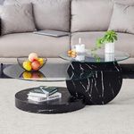 42" Glass Coffee Table with Black Marble Base, Modern Round Tempered Glass Coffee Tables for Living Room, 3-Tier Circle Coffee Table with Storage Clear Cocktail Table for Small Space Home Office