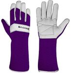 SAWANS Long Gardening Gloves Leather Ladies Men Women Durable Goatskin Garden Gloves Forearm Protection Thorn Proof Gardener Work Spandex Sleeves Rose Pruning Gift (Purple, L)