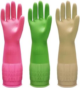 Bamllum 3 Pairs of Rubber Dishwashing Gloves for Kitchen and Household Cleaning – Long Cuff 15", Reusable, Flexible Long-lasting and Non-Slip (Red+Yellow+Green, Large)