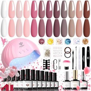 Modelones Gel Nail Kit with 48W Lamp - 12 Colors Pink Gel Nail Polish Set with Lamp Starter Kit, UV LED Nail Lamp, Glossy & Matte Top and Base Coat, Manicure Tools for Beginner DIY at Home