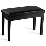 GYMAX Piano Bench with Storage and Padded Cushion, Double Duet Seat, Wooden Legs, PU Leather Keyboard Stool for Kids Adults (Flat Surface+Straight Leg, Black)