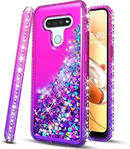 STARSHOP - LG K51 Phone Case, LG Reflect (L555DL) Phone Case, with [Tempered Glass Protector Included] Liquid Floating Glitter Quicksand Bling with Spot Diamond Cover - Pink/Purple