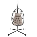 OHS Rattan Swing Egg Chair Grey, Outdoor Hanging Chair for Garden Indoor Patio Furniture Relaxing Comfy Swing Chair with Soft Grey Cushion Included