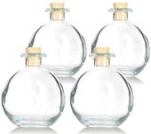 JUVITUS Clear Glass Round Bulb Bottle with Cork Stopper 8.5 oz / 245 ml (4 Pack) + Funnel for Aromatherapy, Oils, Events, Holidays, Cosplay, Gifts, and DIY Projects