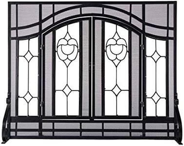 Plow & Hearth Metal Fireplace Screen Glass Floral Black | 44" W x 33" H | 2 - Door | Spark Guard Indoor Grate | Iron Fire Place Cover | Wood Burning Stove Decorative Accessories