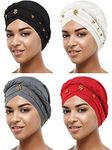 SATINIOR 4 Pieces African Women Turban Cap Head Wraps Beaded Headscarf Beanie Wrap (Black, Grey, White, Red,Bead Style)