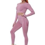 JOJOANS Gym Sets for Women 2 Piece Seamless Tracksuit Workout Yoga Outfit Loungewear Long Sleeve Crop Top High Waist Leggings(Pink, S)