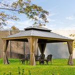 Domi Outdoor Living 12’ X 14’ Hardtop Gazebo Outdoor Aluminum Gazebo with Galvanized Steel Double Roof for Lawn and Garden, with Curtains & Net (Teak Coated)